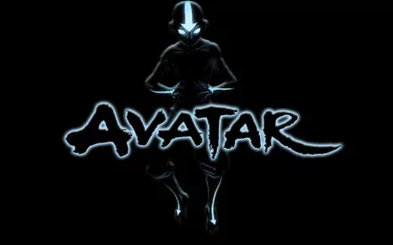 HD desktop wallpaper featuring Aang from the anime Avatar: The Last Airbender, with a glowing blue outline on a dark background and the word Avatar prominently displayed.