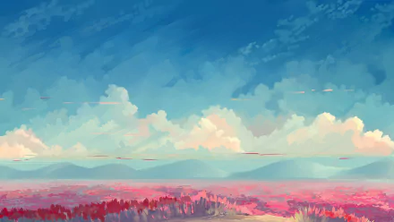 An HD desktop wallpaper featuring an anime landscape with a vibrant flower field under a blue sky with scattered clouds.