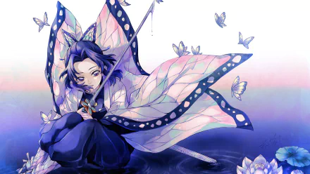 HD desktop wallpaper featuring Shinobu Kochou from Demon Slayer: Kimetsu no Yaiba, surrounded by butterflies against a serene backdrop.
