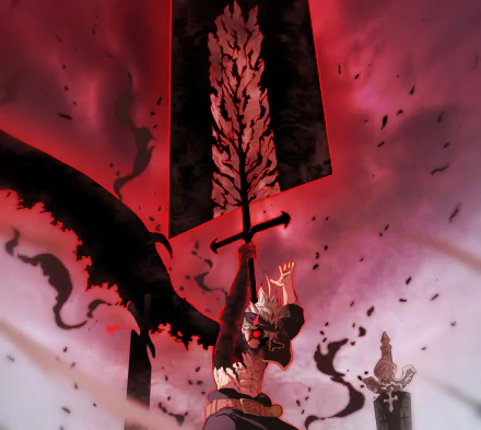 HD desktop wallpaper featuring Asta from the anime Black Clover, wielding a large sword with a dark aura surrounding him, set against a dynamic and intense red-tinted background.