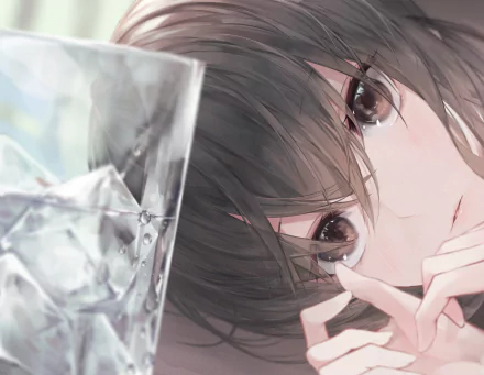 Anime artwork featuring a character with brown eyes and brown hair, gently gazing at a glass of water. High-definition desktop wallpaper.