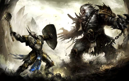 HD fantasy wallpaper depicting a fierce battle between a armored knight with a shield and a large beast with claws, wearing a skull-adorned armor against a dramatic, intense background.