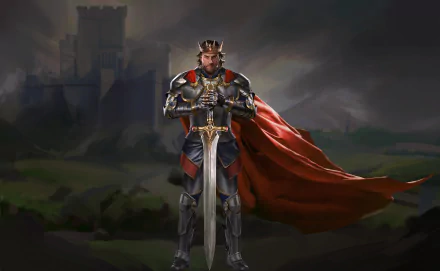 HD fantasy warrior wallpaper featuring a crowned knight in detailed armor holding a sword, standing before a dark castle with a flowing red cape.
