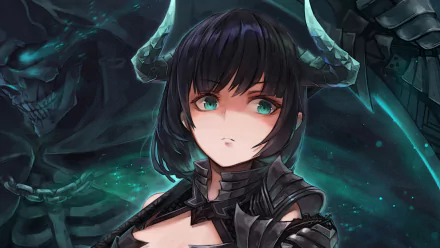Anime original portrait of a black-haired girl with aqua eyes and small horns, clad in dark armor against a teal, ghostly backdrop — HD PC desktop wallpaper.