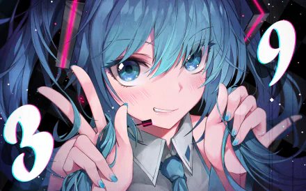 HD desktop wallpaper featuring Hatsune Miku from Vocaloid, animated with turquoise hair and playful expression surrounded by whimsical numbers.