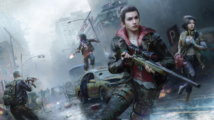 2K Quad HD PC desktop wallpaper and background: post-apocalyptic sci‑fi scene of armed survivors confronting zombies in a rain‑soaked ruined city with overturned cars and smoke.