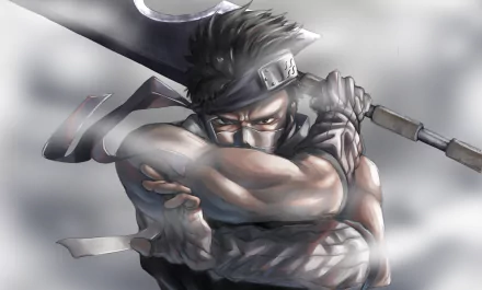 HD desktop wallpaper featuring Zabuza Momochi from the anime Naruto, showcasing his intense stare and large sword in a dynamic, misty background.