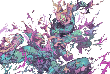 Artistic battle scene in vivid teal, purple and pink — a dynamic warrior figure dissolving into paint-splatter energy. HD PC desktop wallpaper/background.