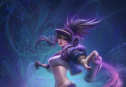 Akali (League of Legends) HD desktop wallpaper: purple-haired, purple-eyed video game assassin posed mid-action with a spray can against a neon, graffiti-style background.