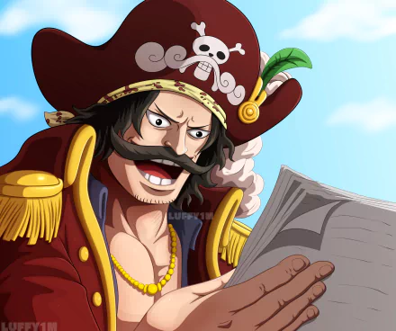 Gol D. Roger (One Piece) anime portrait reading a map, bold colors and detail — 2K Quad HD PC desktop wallpaper/background