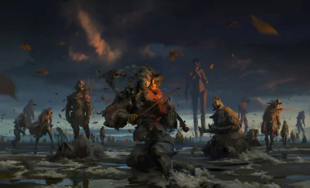 Fantasy-themed HD PC desktop wallpaper depicting artistic figures playing violins made of leaves in a surreal, dark landscape.