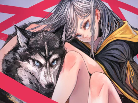 HD anime original desktop wallpaper featuring a girl with silver hair and a striking black and white wolf against a bold red and pink geometric background.