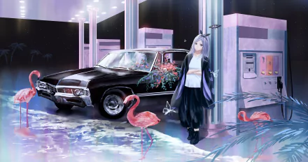 HD anime-style desktop wallpaper featuring a girl standing by a vintage car at a gas station, surrounded by flamingos under soft neon lights.