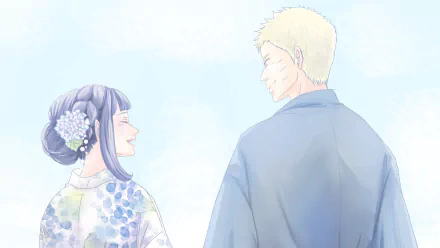 HD PC desktop wallpaper of anime Hinata Hyuga and Naruto Uzumaki smiling at each other against a soft pastel sky — Naruto & Hinata from Naruto.