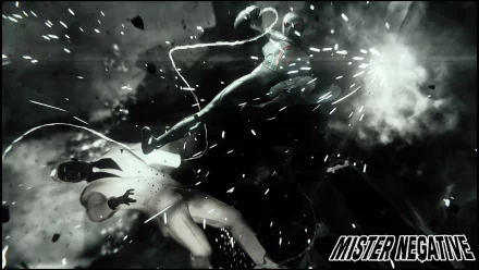 4K Ultra HD PC desktop wallpaper from the Spider-Man (PS4) video game: Spider-Man swings through a noir explosion of sparks and debris, MISTERNEGATIVE logo.