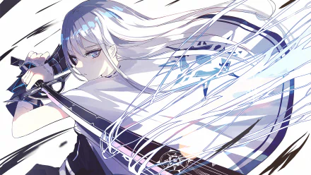 Anime character with long white hair and grey eyes wielding a sword. The HD wallpaper depicts a dynamic scene with fluid motion lines, making it a striking desktop background.