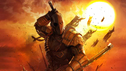 DC Comics' Deathstroke in armored suit, wielding sword and rifle against a blazing sun, explosive comic scene — 2K Quad HD PC desktop wallpaper/background
