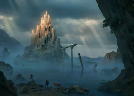 A fantasy castle rises above a misty lake surrounded by mountains, with explorers near the shore, captured in an HD PC desktop wallpaper scene of mystery and adventure.