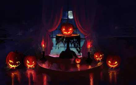 A glowing jack-o'-lantern display with multiple carved pumpkins lit by candles in a dark room, captured in vibrant detail for a 4K Ultra HD Halloween desktop wallpaper.