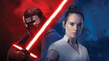 4K Ultra HD Star Wars: The Rise of Skywalker wallpaper featuring Kylo Ren with lightsaber and Daisy Ridley as Rey in a dynamic red and blue background.