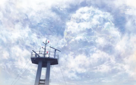 Anime-style HD PC desktop wallpaper: a steel lookout tower silhouetted against a vast, cloud-streaked sky — serene sky anime background.