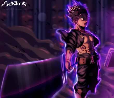 HD wallpaper featuring Asta from the anime Black Clover, standing with a large sword in a dark, glowing aura. The background showcases an intense, mystical atmosphere.