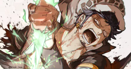 A dynamic HD wallpaper featuring Trafalgar Law from the anime One Piece, showcasing an intense moment with vibrant green energy and dramatic expression.