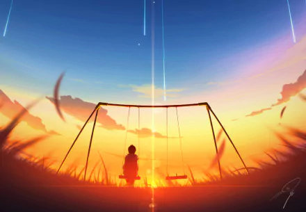 Anime-style HD desktop wallpaper of a lone figure sitting on the ground near an empty swing set at sunset, with vibrant orange and blue skies and falling streaks of light.