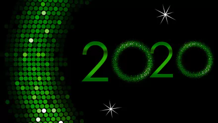 Green HD PC desktop wallpaper: sparkling 2020 New Year holiday design with glowing green numerals, dotted green wave on a black background and glittering starbursts.