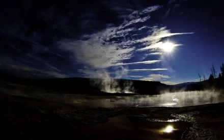HD desktop wallpaper featuring a night scene of a national park with a steaming geyser, reflecting water, mountains, and a dramatic sky in HDR detail.