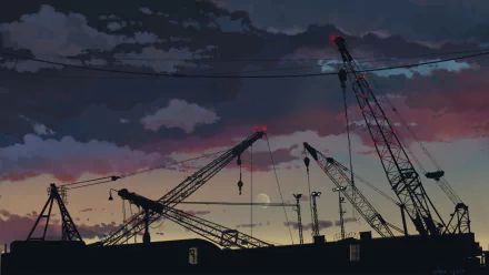 HD anime-style PC desktop wallpaper featuring silhouetted construction cranes against a colorful, dramatic dusk sky.