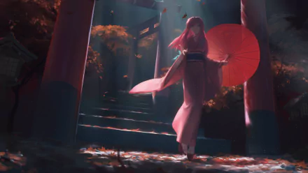 Luka Megurine with long pink hair and blue eyes in a yukata, holding a red umbrella, stands on stone steps surrounded by autumn leaves in an atmospheric anime Vocaloid scene.