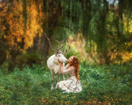 HD PC desktop wallpaper of a redheaded model woman with long hair in a flowing dress kneeling in a sunlit forest, tenderly touching a white deer — serene, dreamy mood.