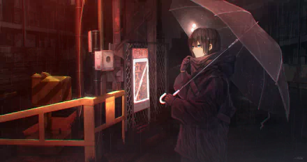 Anime-style scene of a black-haired character holding a transparent umbrella on a rainy night, rendered in 4K Ultra HD for PC desktop wallpaper and background.