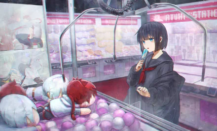 Anime-style character with short black hair and striking blue eyes stands by a claw machine filled with plush toys in a vibrant arcade setting, rendered in 4K Ultra HD.