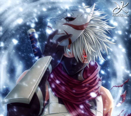 HD PC desktop wallpaper featuring Kakashi Hatake from the anime Naruto, showcasing his white hair, Sharingan eye, and signature fox mask in a snowy scene.