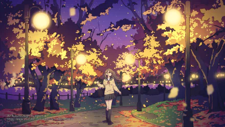 HD anime desktop wallpaper of an original character in a uniform, walking along a glowing, lamp-lit path surrounded by autumn trees at dusk.
