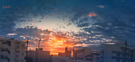 HD desktop wallpaper featuring an anime-style sunset with vibrant orange and blue hues over a cityscape, providing a serene and visually stunning background.