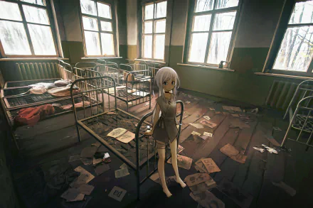 An anime girl stands in an abandoned, deteriorating room with broken beds and scattered papers, illuminated by light streaming through grimy windows. HD desktop wallpaper and background.