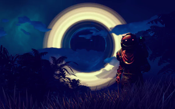 4K Ultra HD No Man's Sky desktop wallpaper featuring a space explorer standing in a dark alien landscape with a glowing ringed portal in the background.
