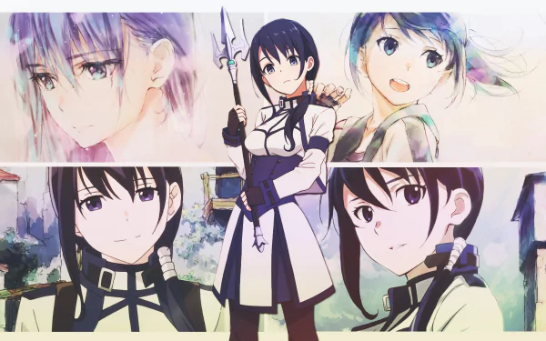 Anime HD PC desktop wallpaper/background featuring Mary (Grimgar of Fantasy and Ash) — collage of Mary in multiple poses, spear in hand, against a soft watercolor village backdrop.