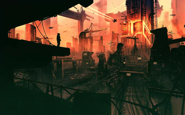 Futuristic sci‑fi city at sunset: towering neon megastructures, flying craft and layered walkways in warm orange light — 4K Ultra HD PC desktop wallpaper/background.