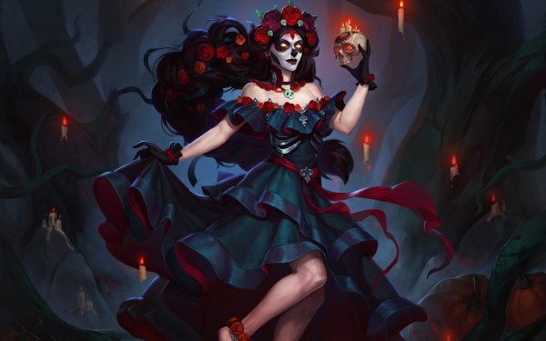 Fantasy Women Skull Candle Dress Day of the Dead Sugar Skull Long Hair Black Hair HD Wallpaper | Background Image