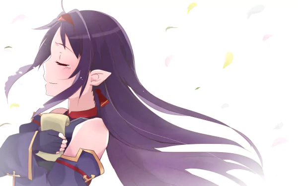 Yuuki Konno from Sword Art Online II, eyes closed and smiling, long purple hair flowing with pastel petals drifting — 5K Ultra HD anime PC desktop wallpaper/background.