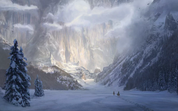 HD fantasy landscape desktop wallpaper featuring a snow-covered valley with towering mountains, tall pine trees, and dramatic clouds.