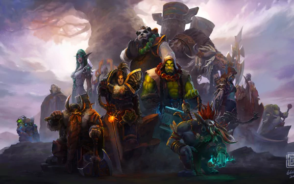 4K Ultra HD World of Warcraft PC desktop wallpaper featuring iconic characters from the game in a dramatic, misty battlefield setting.