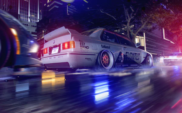 Neon-lit race car from Need for Speed Heat racing through wet city streets — video game 2K Quad HD PC desktop wallpaper/background.
