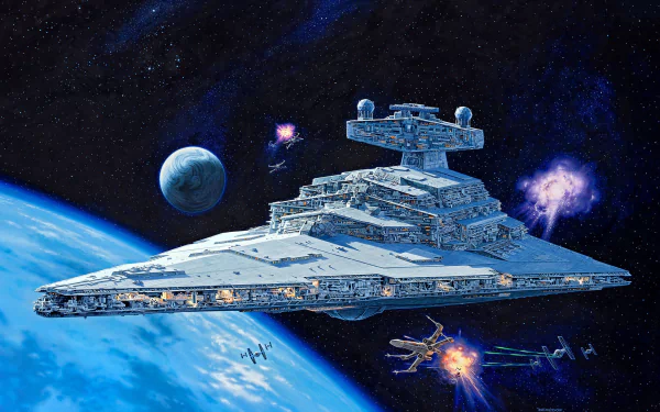 HD sci-fi Star Wars wallpaper featuring a Star Destroyer, X-Wing fighters, and TIE Fighters in space above a blue planet.