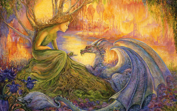 Vibrant colors show a sylvan fairy in a root gown meeting a winged dragon, exchanging a glowing orb amid mossy flowers in a magical forest — fantasy HD PC desktop wallpaper background.