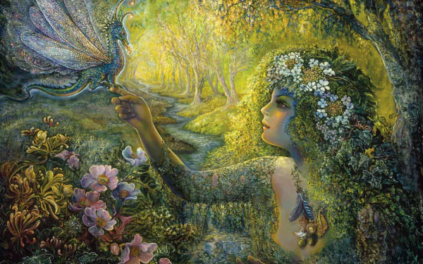  Girl in Forest holding Peacock by Josephine Wall